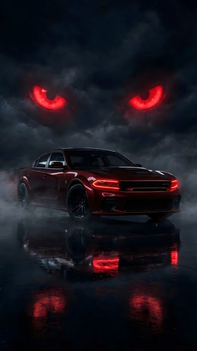 a red car with glowing eyes in the dark night sky and fog behind it is shown Halloween Hellcat Dodge Charger Srt Hellcat, Charger Rt, Charger Srt Hellcat, Charger Srt, black