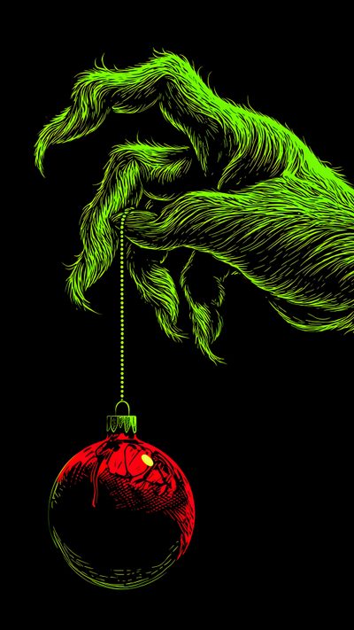 a hand holding a red ornament with green monster's claws on it Grinch Halloween Holiday Art, Christmas, Screen Savers, Festive Christmas, Shades Of Green, Cool Art, black