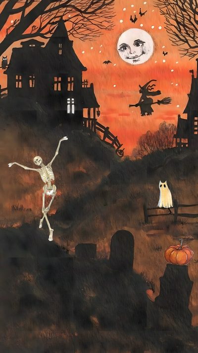 a painting of a skeleton dancing in front of a house with bats and pumpkins Old Fashioned Halloween Classic Halloween Art, Old Halloween Art, Vintage Halloween Art Laptop, dark slate gray