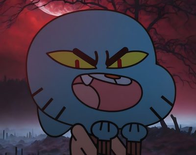 a cartoon character with an evil look on his face and hands in front of a full moon Gumball Halloween Gumball Red Eyes, Gumball Possessed, Gumball Villains, Gumball Demon, dark slate gray