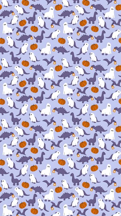 a pattern with white dogs and pumpkins on a purple background, in the style of halloween Dinosaur Halloween Halloween Cute, Dinosaur, Witchy, Halloween Iphone, Holiday, light steel blue