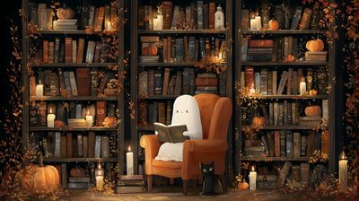 a chair in front of a book shelf filled with books and candles, surrounded by pumpkins Halloween Book Cozy Fall Laptop, Cozy Background Fall Desktop, Cozy Fall Desktop, dark slate gray