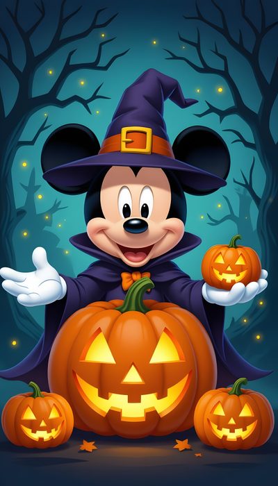 mickey mouse in a halloween costume with pumpkins Mickey Mouse Halloween Iphone Happy Halloween Pictures, Halloween Mickey Mouse, Halloween Mickey Pictures, dark slate gray