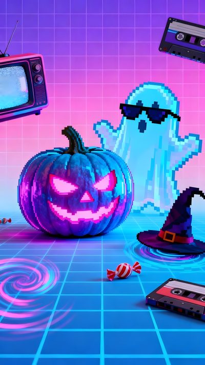 an old school computer game with halloween decorations and games on the floor in front of it Vaporwave Halloween Neon Aesthetic Halloween, Spooky Neon Halloween, Retro Pixel Art Halloween, royal blue