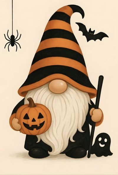a painting of a gnome holding a jack - o'- lantern Halloween Gnome Ideas Halloween Gnomes, Halloween Gonk Drawing, Happy Halloween Gnome, bisque