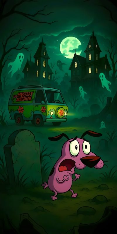 a cartoon dog is standing in front of a grave with a green van behind it Cartoon Network Halloween Courage The Cowardly Dog Scooby Doo, Iphone Halloween, Spooky Cartoon, black