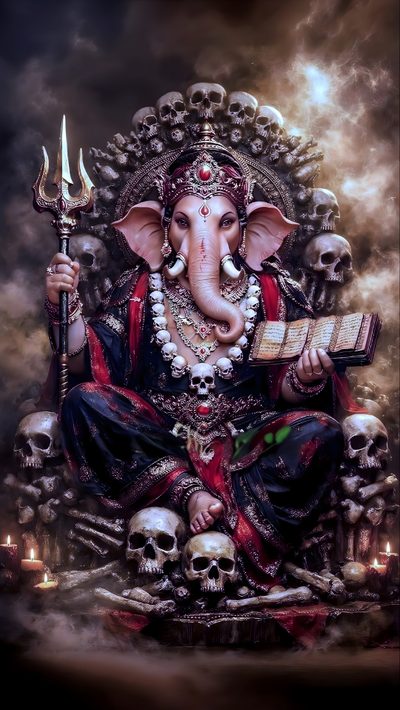 an elephant statue sitting on top of a pile of skulls and holding a book in its trunk Ganesh Halloween Dark Ganesha, Ganesh Black, Black Ganesh, Black Ganesha, Ganesha Black, dark slate gray