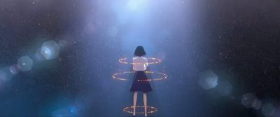 a woman standing in the middle of a circle with lights on her head and arms Suzu Halloween Suzume Ever After, Suzu Halloween, Belle Anime Suzu, Suzume Lyrics In English, dark slate gray