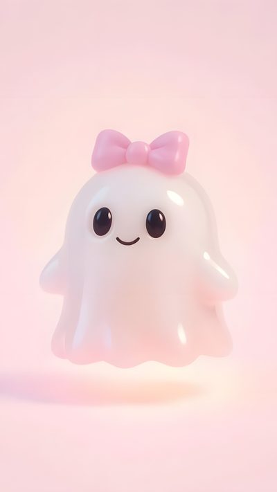 a little white ghost with a pink bow on its head and eyes, standing in front of a light pink background 3d Cute Halloween Halloween Artwork, Cherry Blossom Pictures, Cute Backgrounds, Cute Ghost, misty rose