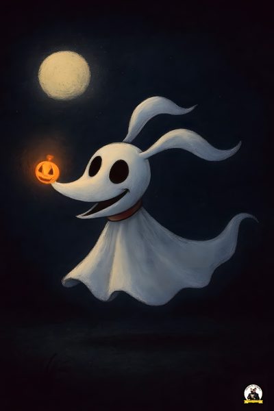 a painting of a ghost with a pumpkin in it's mouth Zero Halloween Nightmare Before Christmas Ghost, Ghost In Nightmare Before Christmas, Ghost From Jack Skellington, black