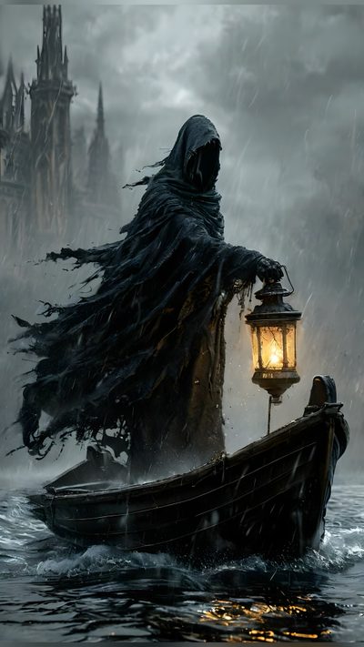 a person in a boat with a lantern on it Grim Reaper Halloween Harvester Of Sorrow, Dark Grim Reaper Tattoos, Gothic Fantasy, Grim Dark, dim gray
