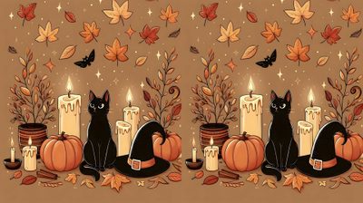 two black cats sitting next to candles and pumpkins Dual Monitor Halloween Laptop Halloween, Fall Halloween Laptop, Halloween Computer, peru