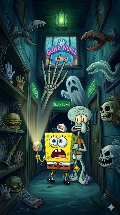 spongebob and his family are in the hallway with their arms out to each other Halloween Spongebob Soongebob Background, Spongebob Purple, Purple Spongebob, dark slate gray