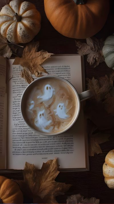 a cup of coffee with ghost faces in it on top of an open book surrounded by pumpkins Halloween Coffee High Quality Aesthetic Photos, Cozy Fall Ipad, Fall Theme Aesthetic, dark slate gray