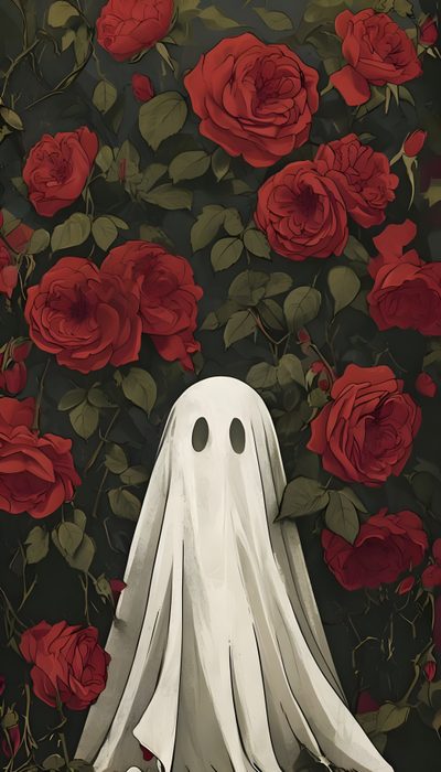 a painting of a ghost surrounded by red roses Halloween Ghost For Bedroom Ghost Iphone Aesthetic, Iphone Ghost, Phone Spooky Aesthetic, dark slate gray