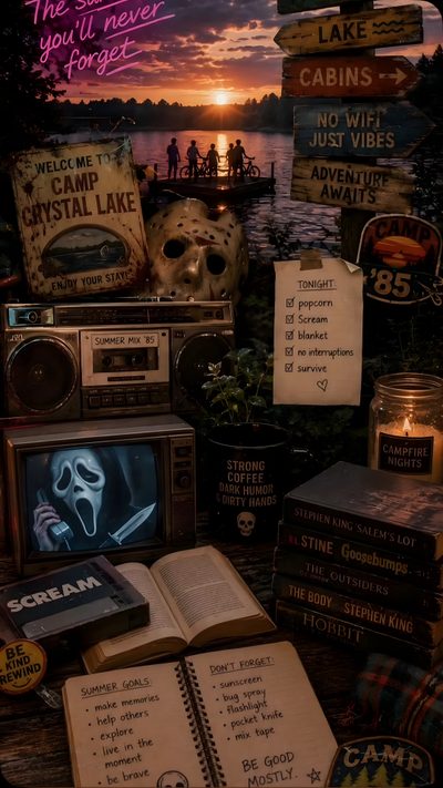 there are many books and movies on the table with signs in front of them that read, Camp Crystal Lake Halloween Horror Screen, Cool Horror, Fall Iphone Collage, black