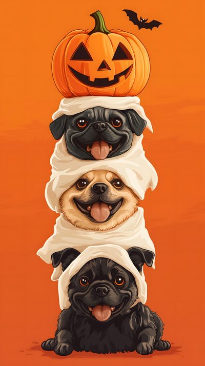 three pug dogs stacked on top of each other in front of an orange background Halloween Pug Iphone Cute Halloween Dog Cartoon, Dog Pumpkin, Fall Pug, Halloween Pug, chocolate