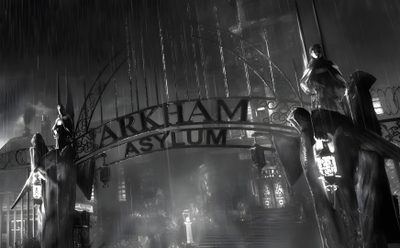 an arch that reads arkham asym in the rain Arkham Halloween Arkham Asylum Gate, Arkham Asylum Pictures, Batman Arkham Asylum Stairs, dark slate gray