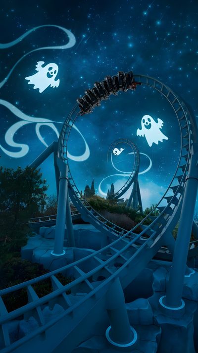 an amusement park ride at night with ghost decorations on the track and stars in the sky Halloween Roller Coaster Ghost Roller Coaster, Halloween Roller Coasters, Ghost-rollercoster Custom, midnight blue
