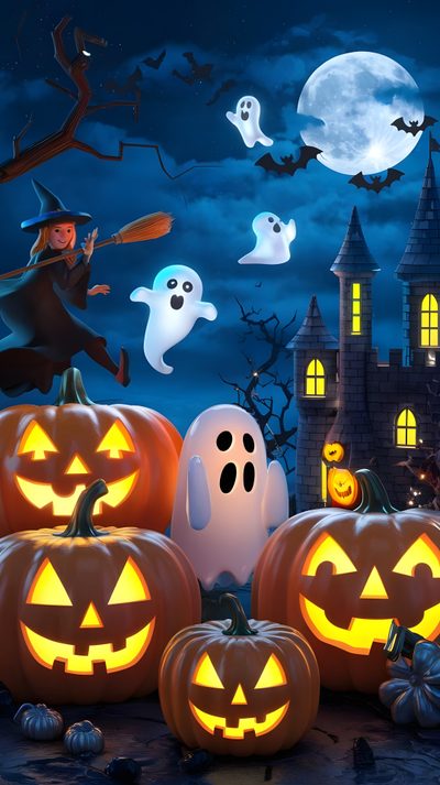 halloween pumpkins and ghost in front of a castle Halloween For Kids Room Temporary Decorating, Friendly Ghost, Halloween Inspiration, dark slate gray