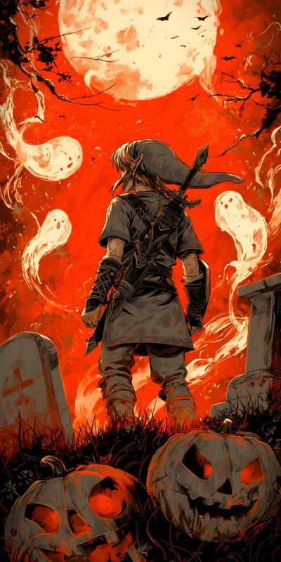 a man standing in front of a cemetery with pumpkins on the ground and an orange sky behind him Legend Of Zelda Halloween Zelda Halloween, Fondos De Pantalla Para Samsung Galaxy, Link Halloween, saddle brown