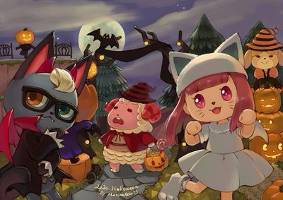a group of cartoon characters dressed up as witches and cats in front of pumpkins Acnh Halloween Acnh Mabel Sisters, Fall Animal Crossing Villagers, Animal Crossing Halloween Fanart, dim gray