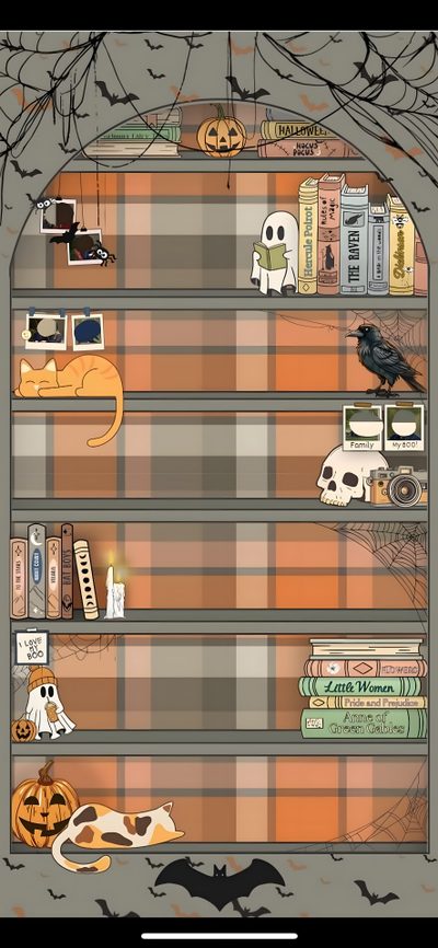 a book shelf filled with lots of books Halloween Bookshelf Iphone Bat, Green Gables, Bat Boys, Hercules, Anne Of Green Gables, Hercule Poirot, gray