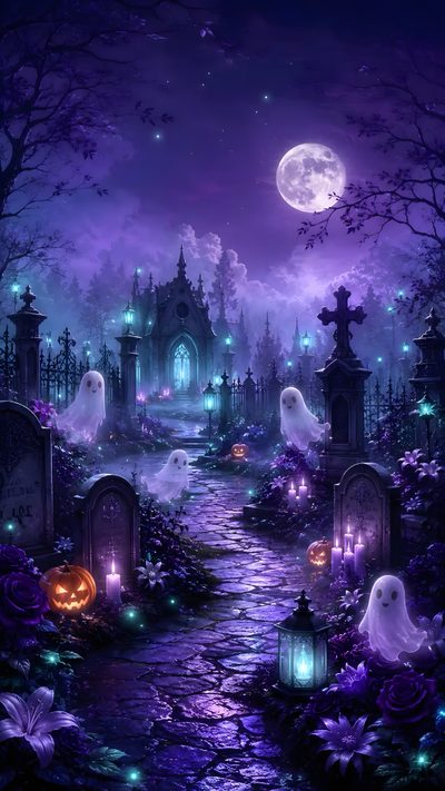 an image of a halloween scene with tombstones in the woods and lights at night Halloween Galaxy Purple Halloween Iphone, Spooky, Halloween Dark, Halloween Desktop, midnight blue