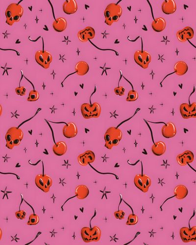 a pink background with red and black jack o lantern faces Halloween Cherry Halloween Cherry, Girly Spooky Background, Summer Halloween Background, pale violet red