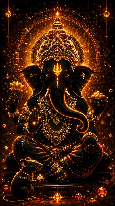 an image of the hindu god ganesha in gold and black with sparkles around it Ganesh Halloween Ganpati Hd 4k, Ganesh Hd Images 4k, Ganesh Full Hd 4k, Lord Ganesha Aesthetic, black