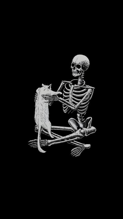 a skeleton sitting on the ground with a cat in it's lap, and holding its paw up Halloween Skeleton Cat Avenged Sevenfold, Emo, Gothic, Witchy, Skeleton Art, Skull, black