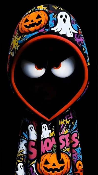 an image of a cartoon character with pumpkins and ghost faces on it's face Dope Halloween Cow Cartoon Images, Samsung Galaxy Android, Simpson Iphone, Android Dark, Scary, black