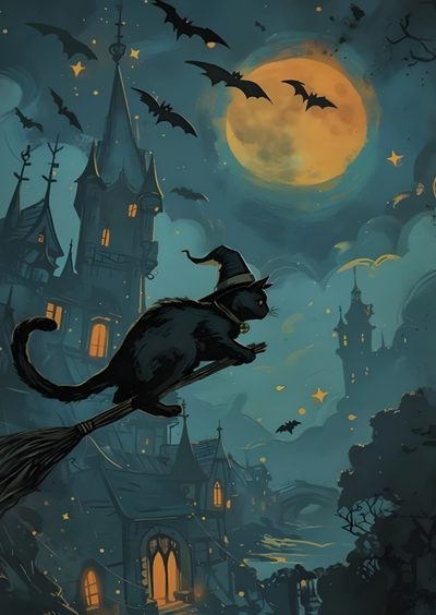 a black cat flying through the air on top of a broom in front of a castle Vintage Halloween- Bobcats Castle Halloween Cat Background, Halloween Halloween Black Cat, Halloween Cat Aesthetic, dark slate gray