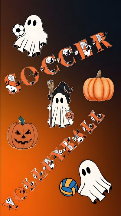 an image of halloween stickers with ghost and pumpkins in the air on orange background Halloween Soccer Halloween, Dogs, saddle brown