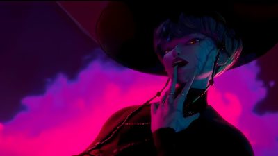 a woman wearing a black hat and holding a cell phone to her ear while standing in front of a purple background Baby Saja Halloween Saja Boys Kpop Demon Hunters Baby, Baby Kpop Demon Hunters, Baby Saja Laptop, black