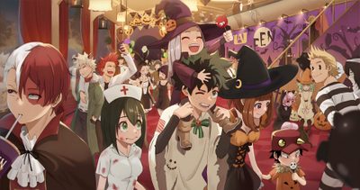 an anime scene with many people dressed up in costumes and holding hands behind their backs My Hero Academia Halloween Mha Halloween, Hero Halloween, My Hero Academia Halloween, sienna