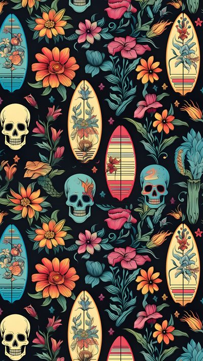 skulls, flowers and surfboards on a black background Halloween Tropical Summer Skull, Summer Spooky, Spooky Summer, dark slate gray