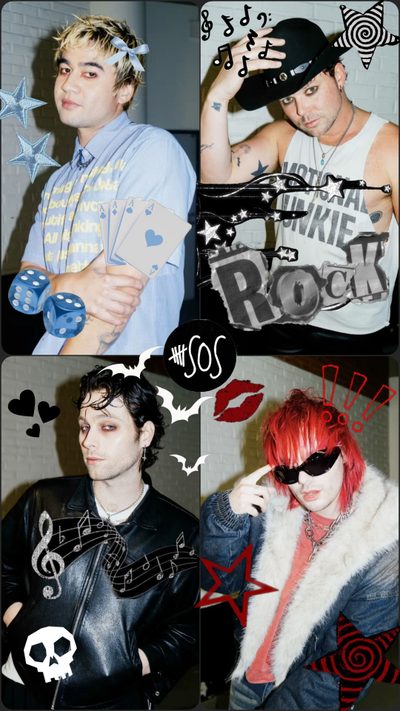 four different pictures of two men and one woman with red hair, wearing punk clothing 5sos Halloween 5 Seconds Of Summer, 5sos Phone Case, 5sos Lockscreen, 5sos Collage, 5sos Concert, dim gray