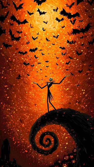 a painting of a person standing on top of a hill with bats in the sky Halloween Jack Skeleton This Is Halloween Nightmare Before Christmas, Fall Nightmare Before Christmas, Halloween Nightmare, maroon