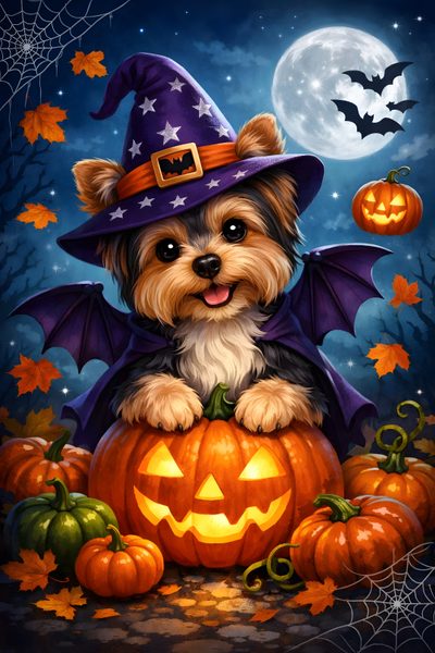 a painting of a dog wearing a witches hat and sitting on top of a pumpkin Yorkie Halloween Halloween Animals, Halloween, Animals, dark slate gray