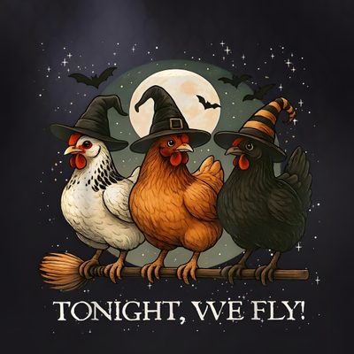 three chickens dressed up as witches on a broom with the words tonight, we fly Halloween Chicken Halloween Chicken Gif, Fall Chicken Background, Chicken Halloween Meme, black