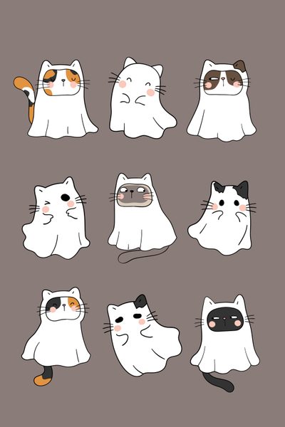 a bunch of cats that are all different shapes and sizes, including one cat with an orange nose Preppy Halloween Cat Cute Cartoon Kitty, Cute Halloween Art Drawing, Halloween Drawings Cute, gray