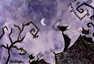 a painting of cats on a roof with the moon in the background Purple Halloween Ipad Pc Whimsy Goth, Plum Purple Aesthetic, Pc Drawing, Bg Cover, gray