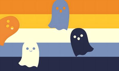 three ghostes are standing in front of a rainbow background Halloween Pride Flag Aroace Halloween, Aroace Halloween Flag, Lgbtq Halloween, Halloween Pride Flag, coral