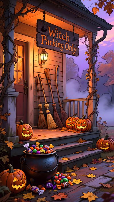 an animated halloween scene with pumpkins and witch's caulder on the porch Halloween Illustration Spooky Summer, Halloween Fall, Hallway Pictures, Halloween Cute, dark olive green