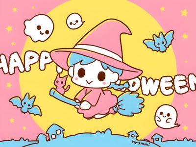 a cartoon character flying through the air with a cat on it's back and skulls around Kawaii Halloween Gif Halloween Cute Cartoon, Kawaii Halloween Gif, Cute Halloween Gif, peach puff