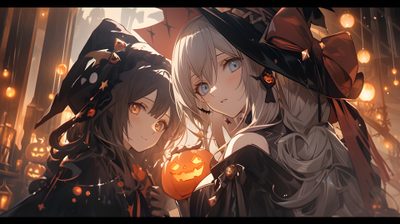 two girls dressed up as witches with pumpkins Anime Halloween Pc Halloween, Halloween Pc Background, Halloween Pc, Halloween Cats Laptop, dark olive green