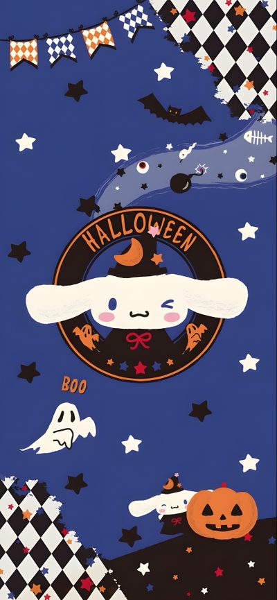 an image of a halloween scene with pumpkins and ghost Cinnamon Roll Halloween Sanrio Halloween, Cinnamoroll Halloween, Cute Panda, Holiday, Sanrio, dark slate blue