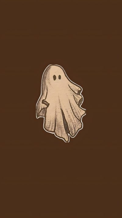 a drawing of a ghost on a brown background Cute Brown Halloween Cute Aesthetic Brown, Aesthetic Halloween Tapety Cute, Halloween Aesthetic Simple, dark olive green