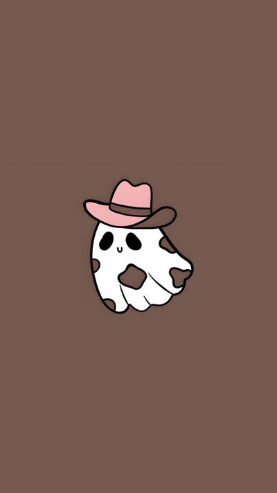 a cow with a hat on it's head in the middle of a brown background Halloween Cowgirl Cartoon Ghost Design, Cute Ghost Drawing Inspiration, Cute Ghost With Cowboy Hat, dim gray